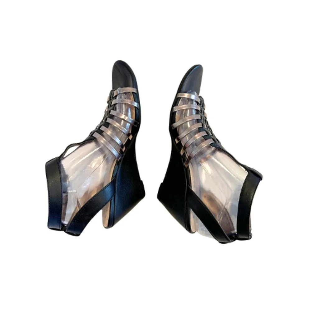 Sam & Libby Black Silver Strappy Wedge Sandals Size 8.5